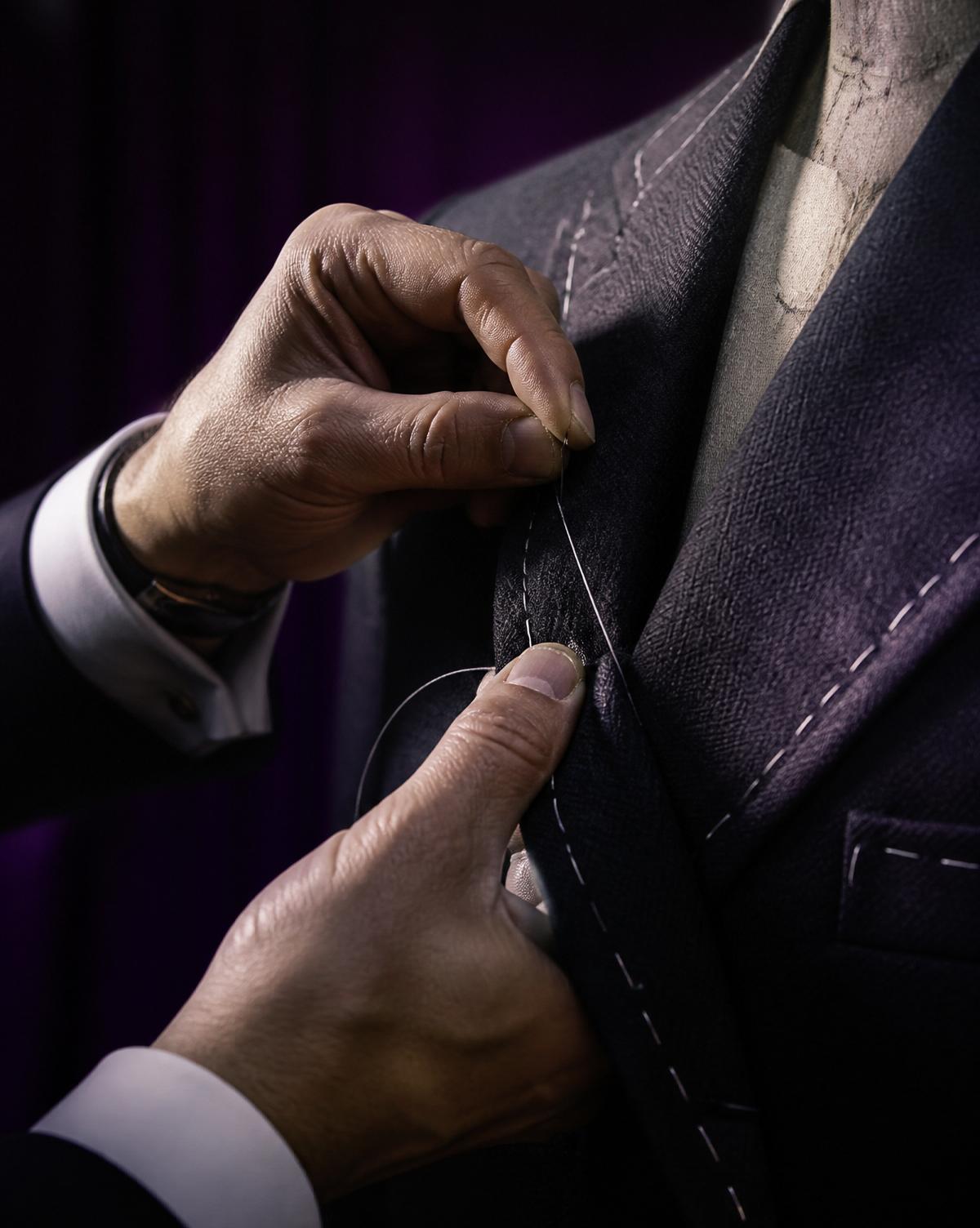 Hand-stitched lapel — sartorial precision
